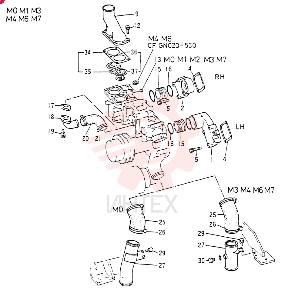 ELBOW,WATER  OUTLET LH  (FOR M0, M1, M3, M4, M6, M7 ONLY), Start Year: 01-DEC-85