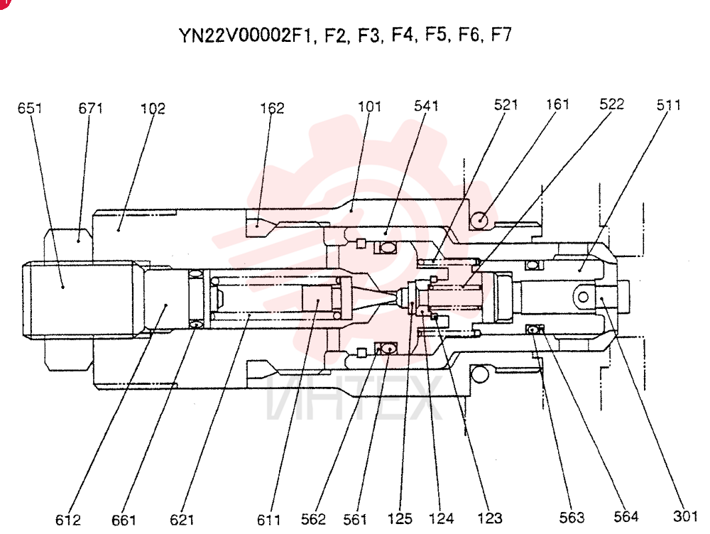 VALVE ASSY, F1-FB PORT RELIEF, QTY-F1: F1, QTY-F2: F2, QTY-F3: F3, QTY-F4: F4, QTY-F5: F5, QTY-F6: F6