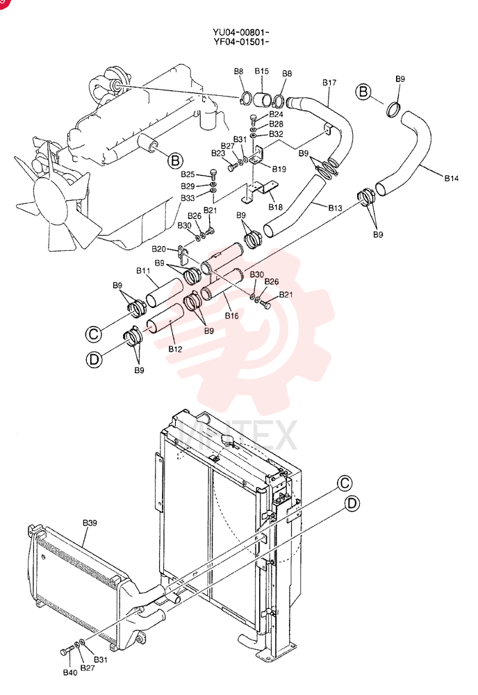 RADIATOR INSTAL, Serial Range: YU04-00801-YU04-00894 YF05P00002F1 (4)