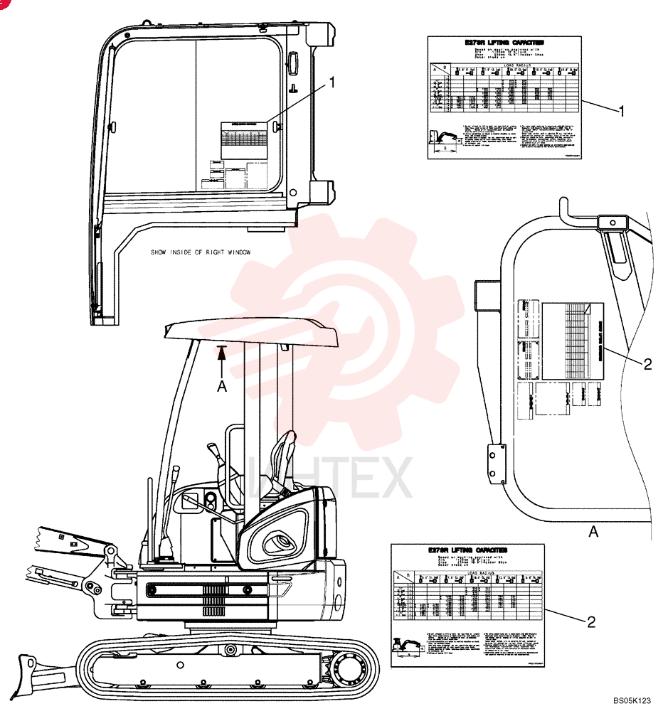 LABEL; Lifting Capacities, 1,12 Standard Arm, Cab Models