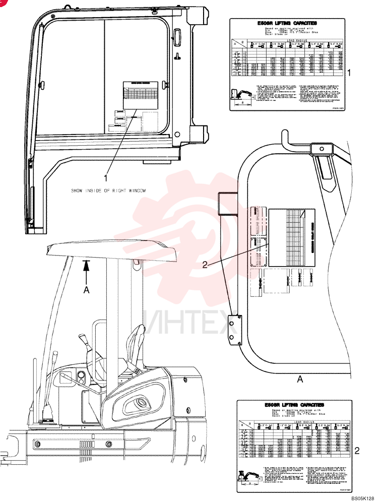 LABEL, Lifting Capacities; 1.56 M Standard Arm, Cab Models