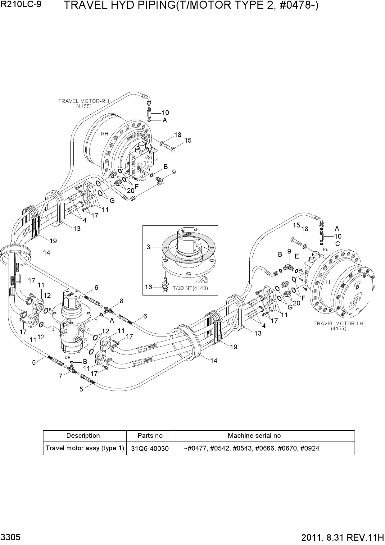 TRAVEL HYD PIPING(T/MOTOR TY 2, #0478-)