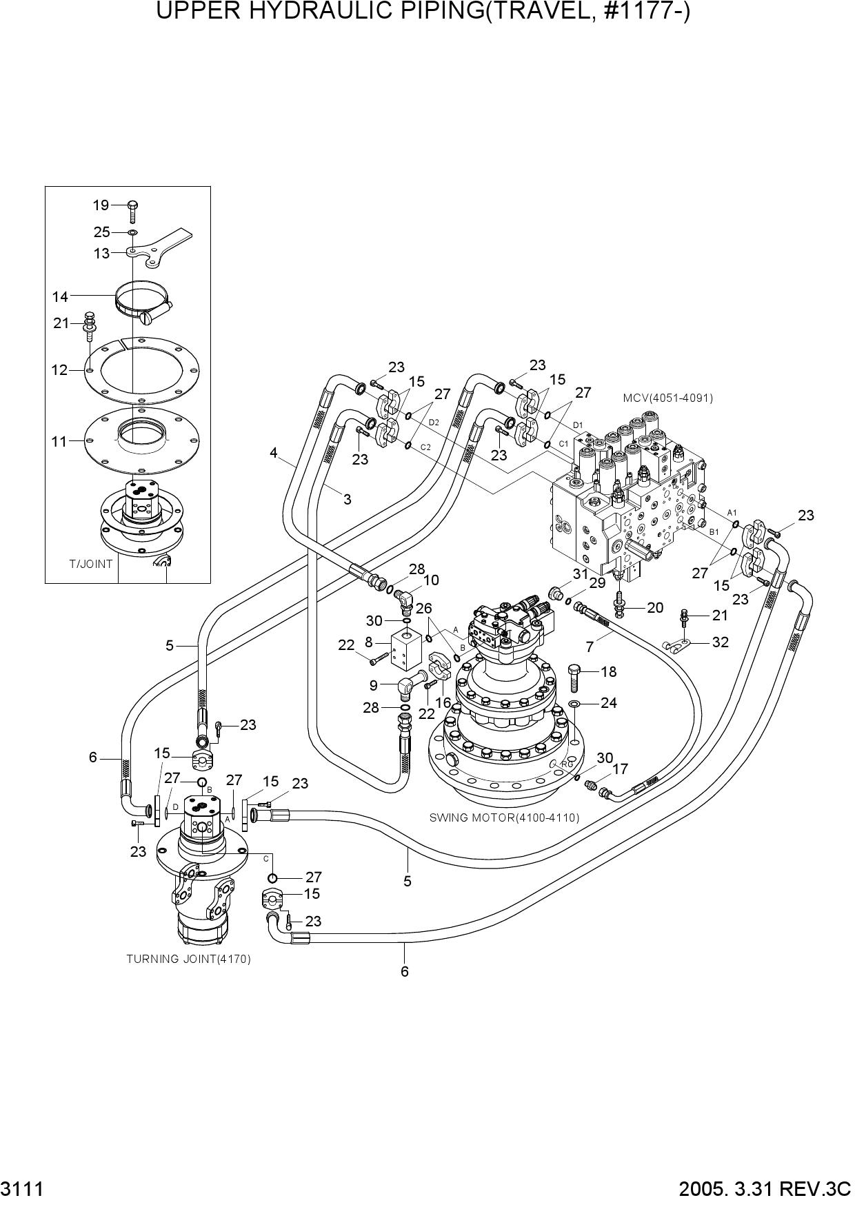 UPPER HYDRAULIC PIPING(TRAVEL, #1177-)