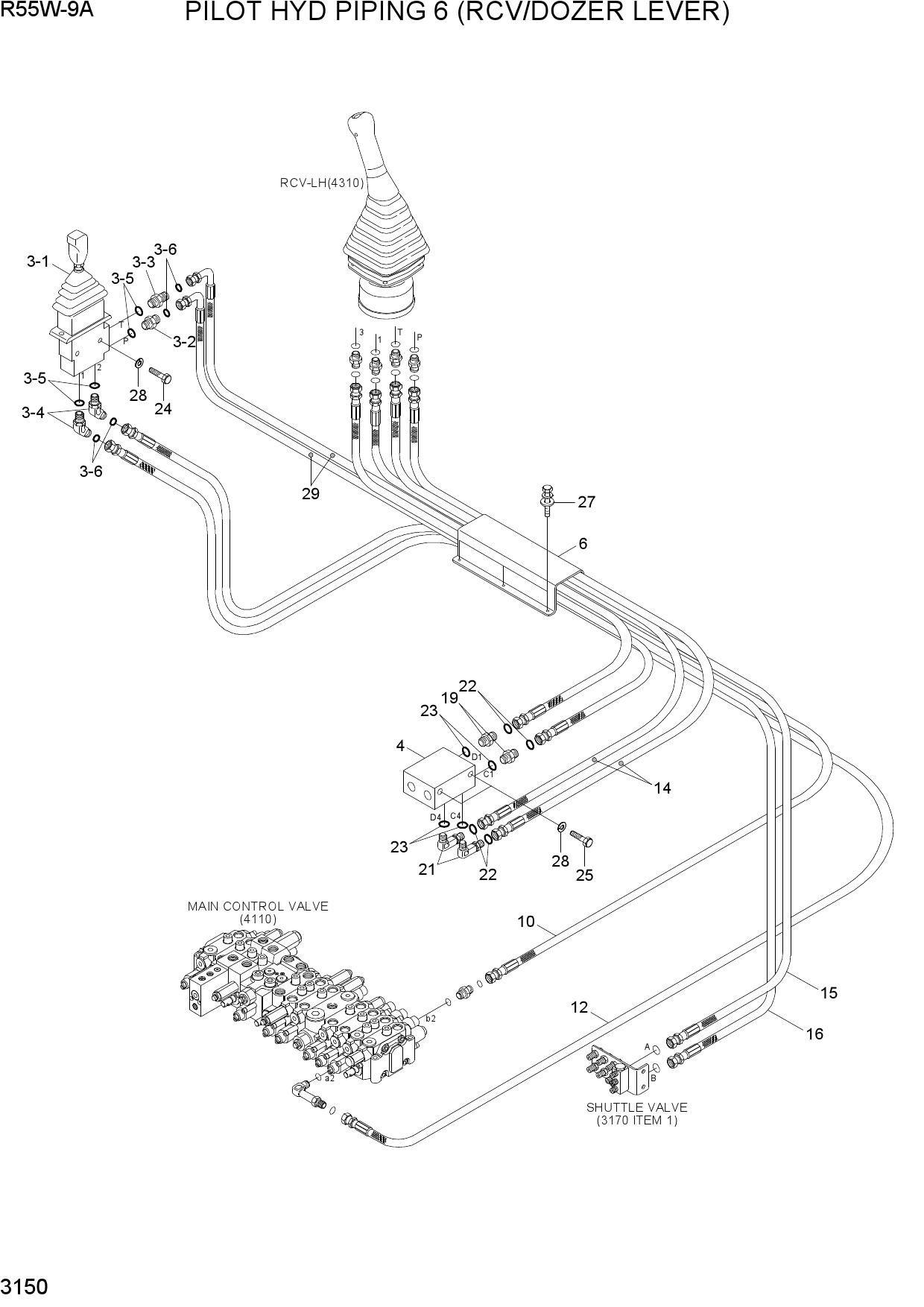 PILOT HYD PIPING 6 (RCV/DOZER LEVER)