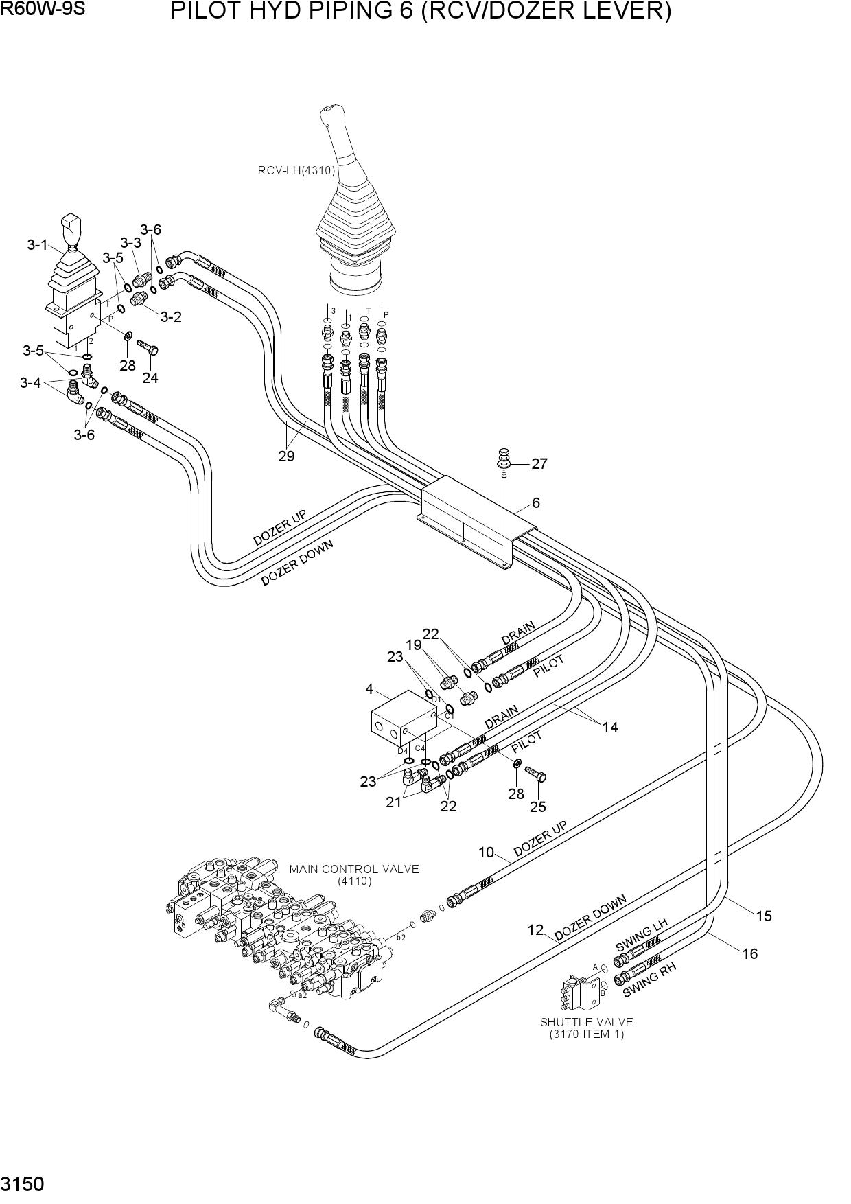 PILOT HYD PIPING 6 (RCV/DOZER LEVER)