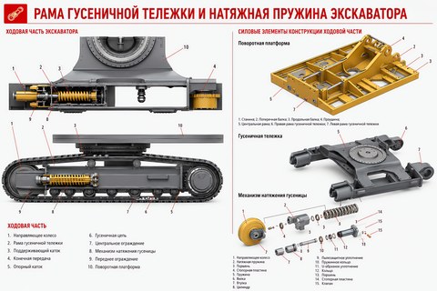 Рама гусеничной тележки и натяжная пружина экскаватора